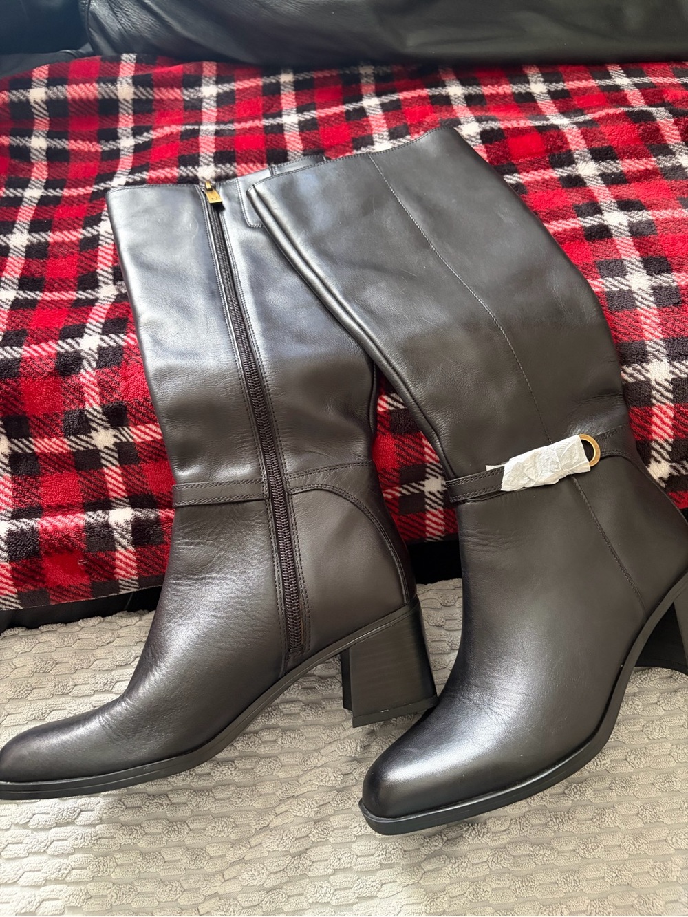 Naturalizer Black Leather Mid-Calf Heeled Boots with Strap Detail